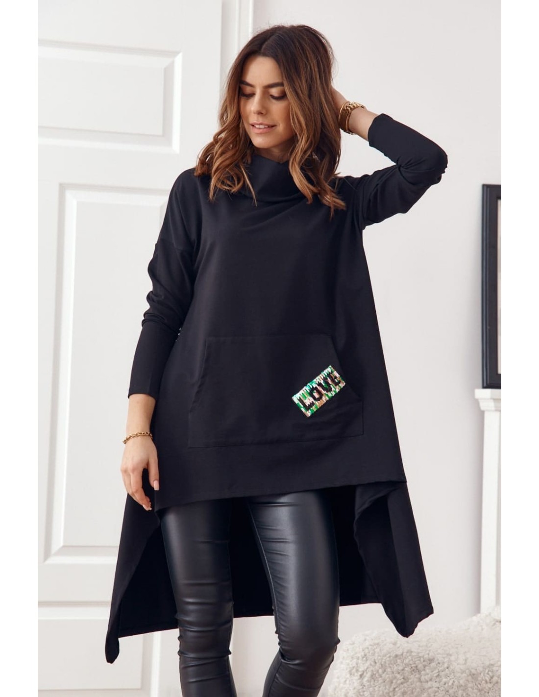 Asymmetric tunic with oversize hood, black FI589 - Online store - Boutique